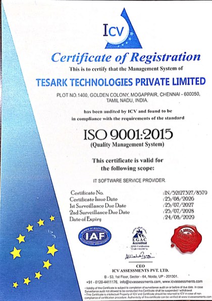 ISO 9001:2015 certificate issued to TESARK Technologies Private Limited